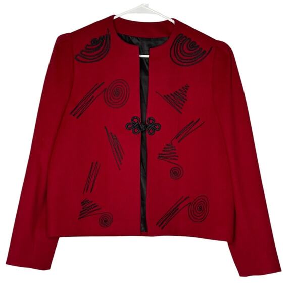 Vintage Red Wool Cropped collarless blazer black accents & frog goggle size M - Picture 9 of 17